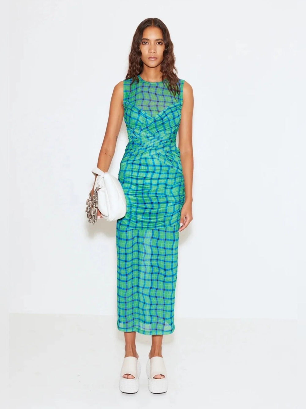 SIMON MILLER Kinny Mesh Midi Dress in Green Plaid